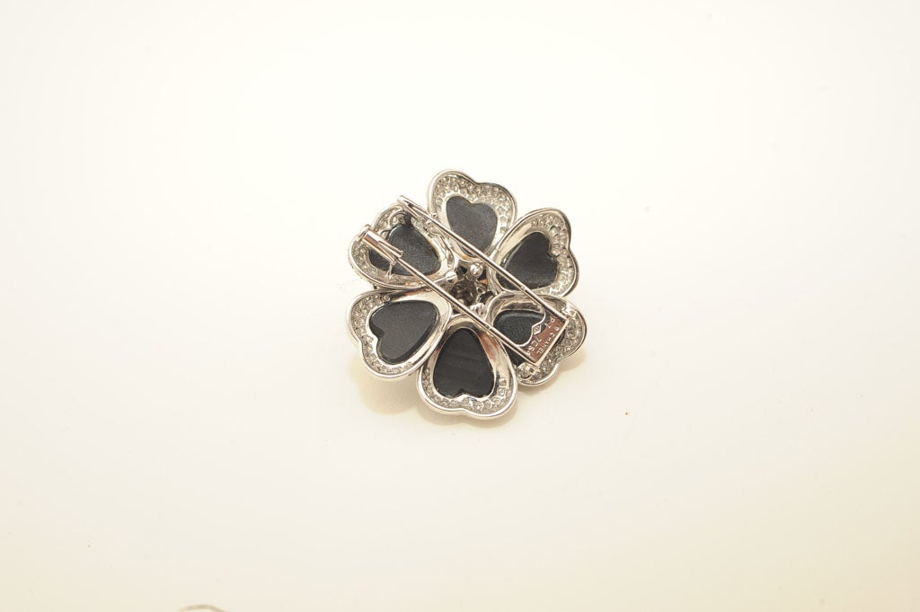 CHANEL Diamond Black Enamel Camellia Pin For Sale 2