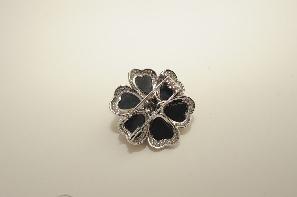 CHANEL Diamond Black Enamel Camellia Pin For Sale 3