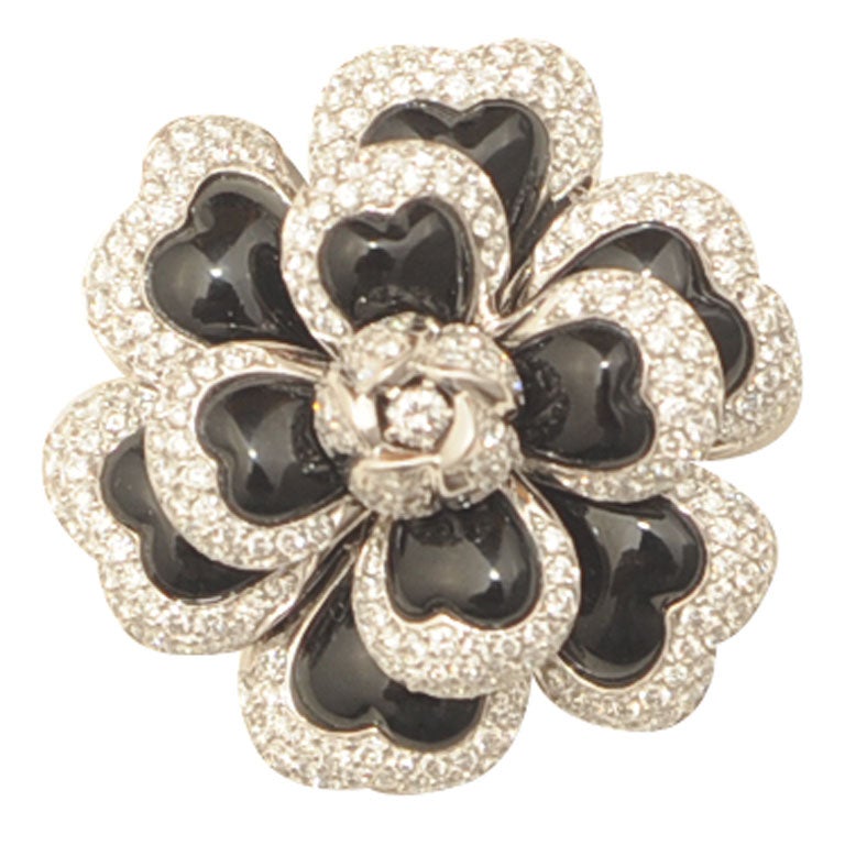 CHANEL Diamond Black Enamel Camellia Pin For Sale