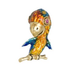 Witty 14K and Enamel Parrot Brooch