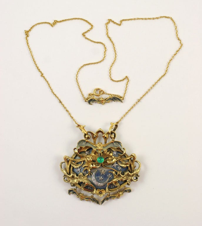 Bats flying in the night capture the imagination – for better or worse.  They were the inspiration for many Art Nouveau jewels, this is a great example. The bats are hinged to the 18K gold and enamel plaque, and a smaller bat sits at the closure. 
