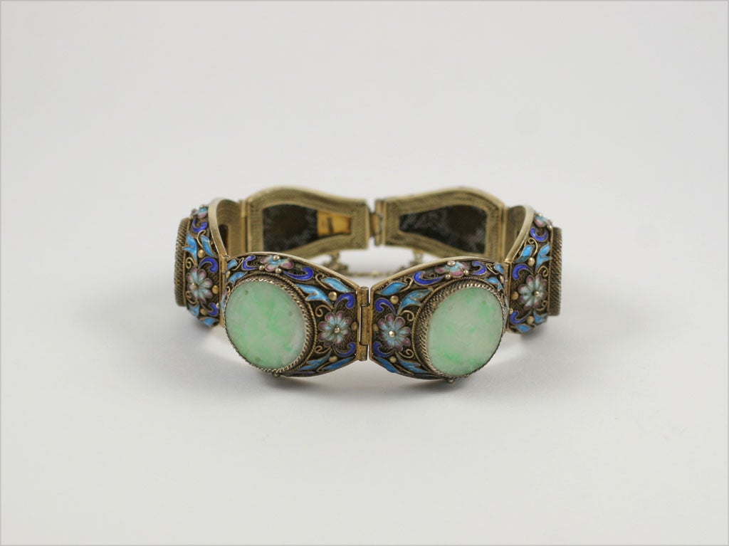 Exquisitely detailed Vermeil Chinese bracelet features carved jade disks and fine enamel work