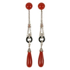 Onyx, Coral and Diamond Earrings