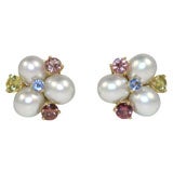 Sapphire and Pearl Blossom Ear Clips