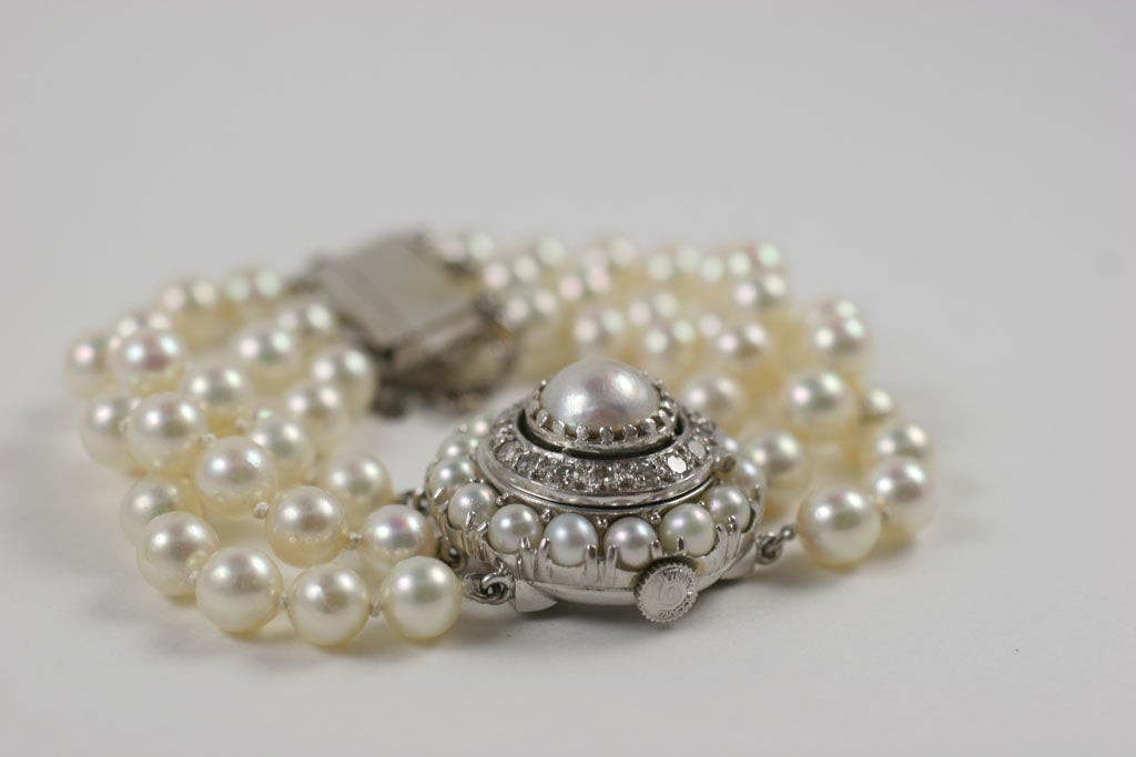 Women's Lucien Piccard White Gold, Pearl & Diamond Bracelet Watch