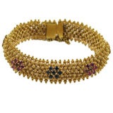 Retro 18kt Yellow Gold, Ruby & Sapphire Flexible Link Bracelet