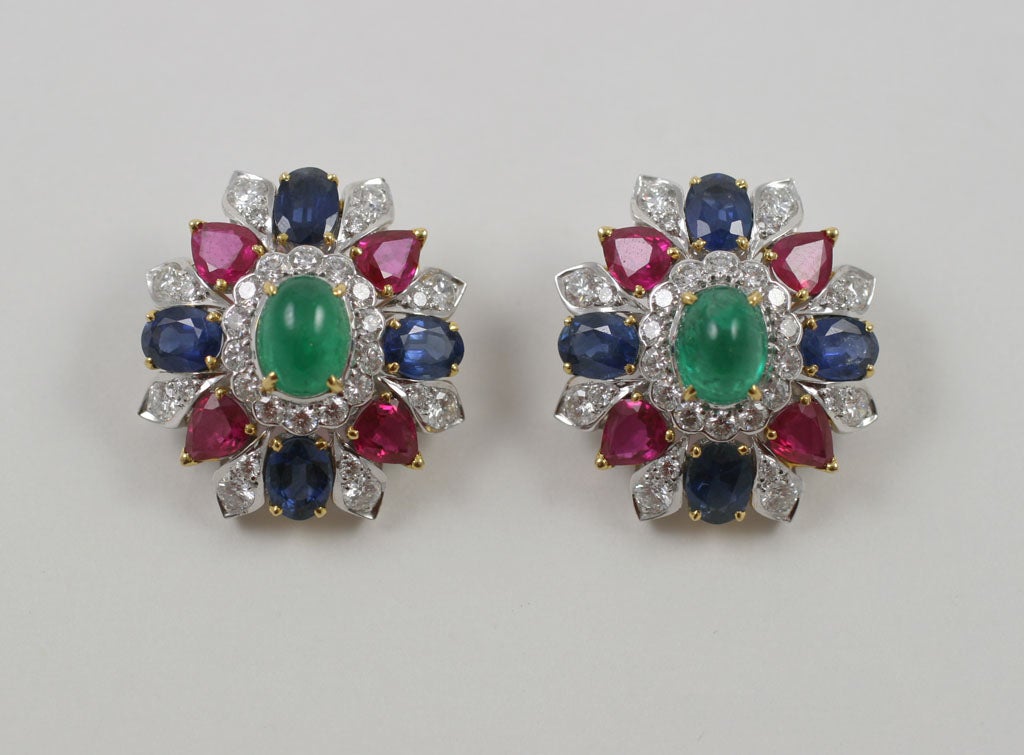 Tutti Frutti Emerald Ruby Sapphire Diamond Earrings; Brilliant in color!