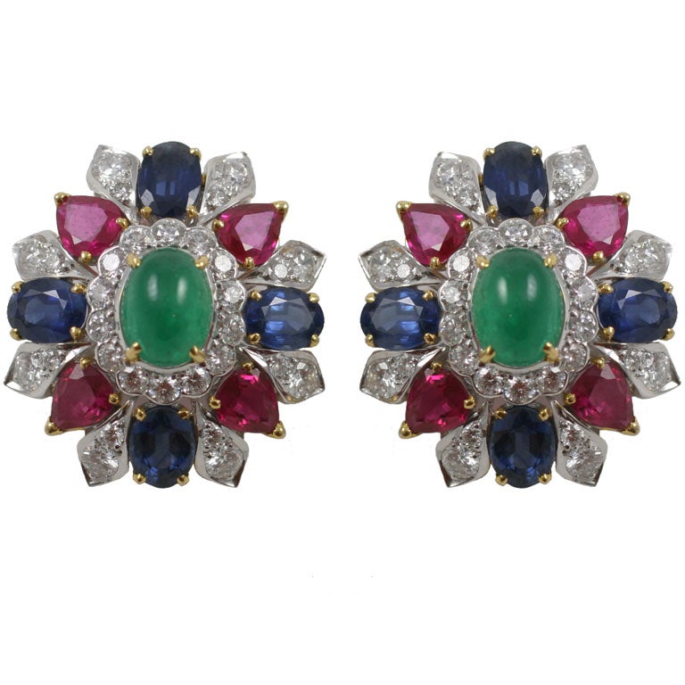 Emerald Ruby Sapphire Diamond Earrings at 1stDibs