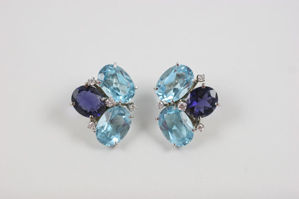 Contemporary Blue Topaz and Iolite Pebble Earrings For Sale