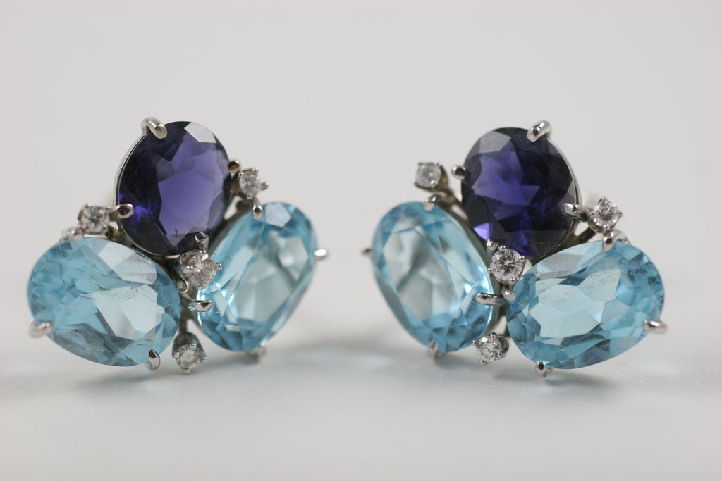 Blue Topaz and Iolite Pebble Earrings For Sale 3