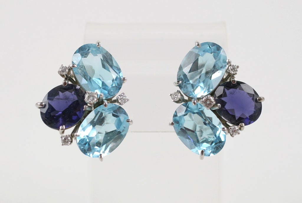 18kt White Gold Pebble Earrings with Blue Topaz, Iolite, and Diamonds