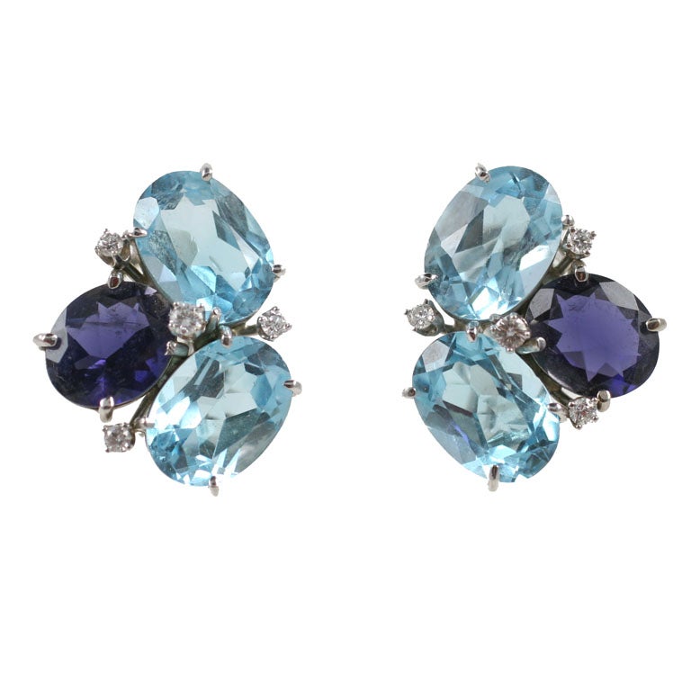 Blue Topaz and Iolite Pebble Earrings For Sale