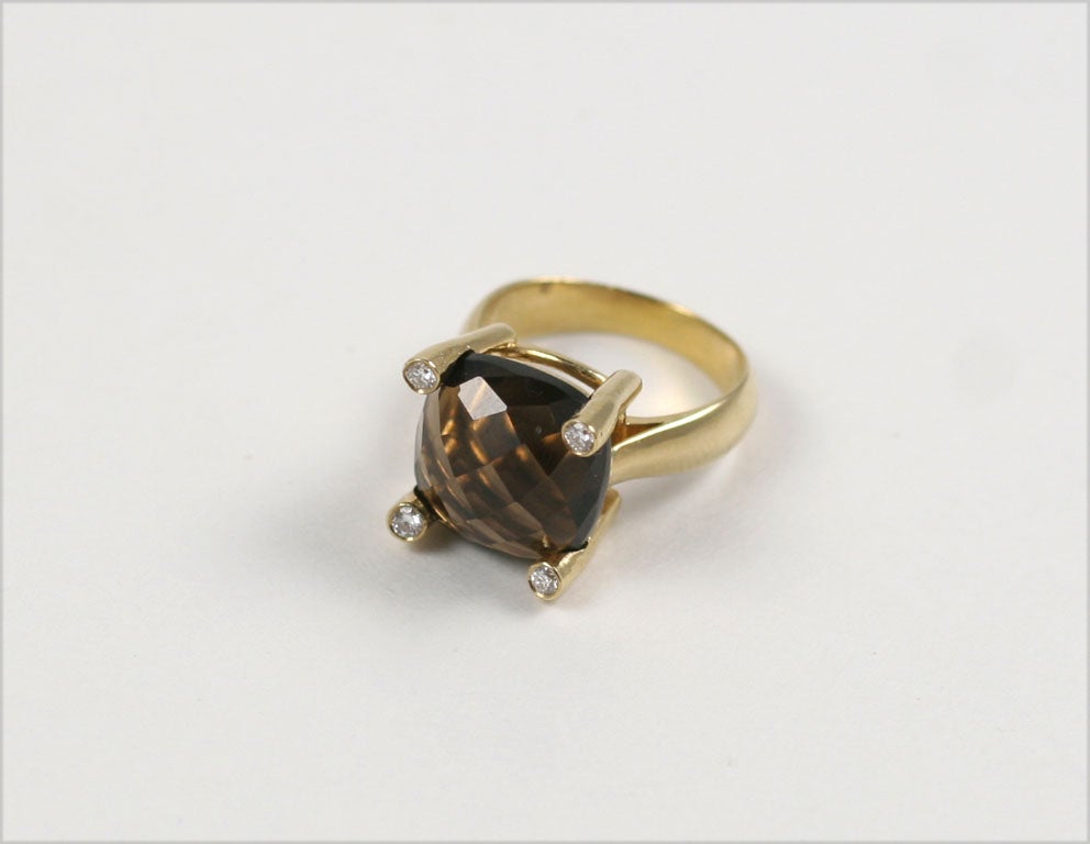 18kt Yellow Gold Cabochon Ring with Smoky Topaz and Diamonds - Also Available with Other Stone Options