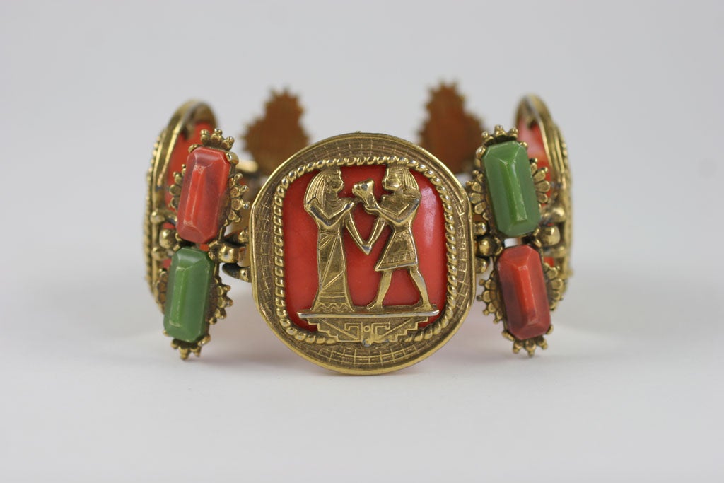 Faux jade and coral Egyptian revival bracelet.