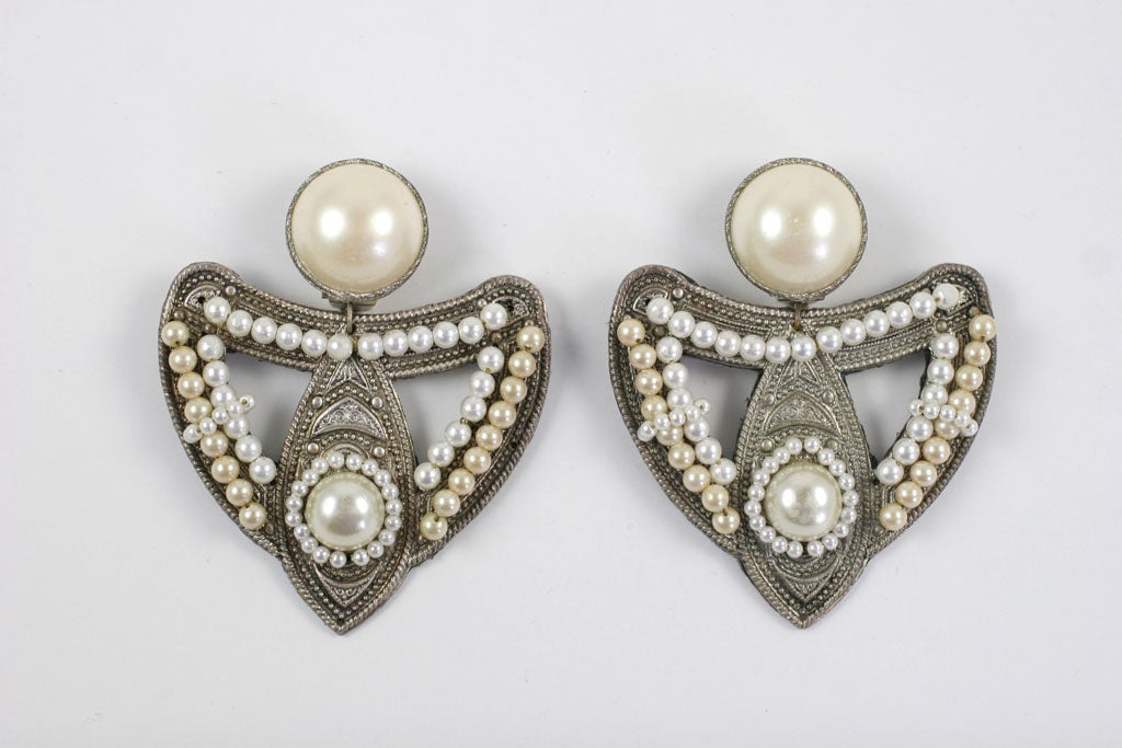 Large Silvertone and "Pearl" Earrings, Costume Jewelry For Sale at
