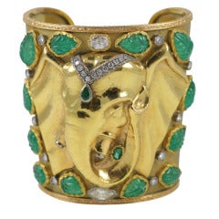 Vintage Stunning Emerald Diamond Gold Elephant Cuff by Demner
