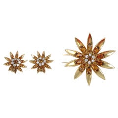 Retro Citrine and Diamond Brooch and Matching Earclips