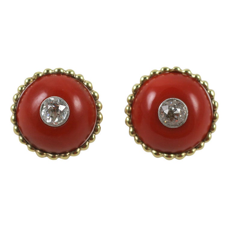 1960s Coral Diamond Button Earclips For Sale