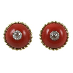 1960s Coral Diamond Button Earclips