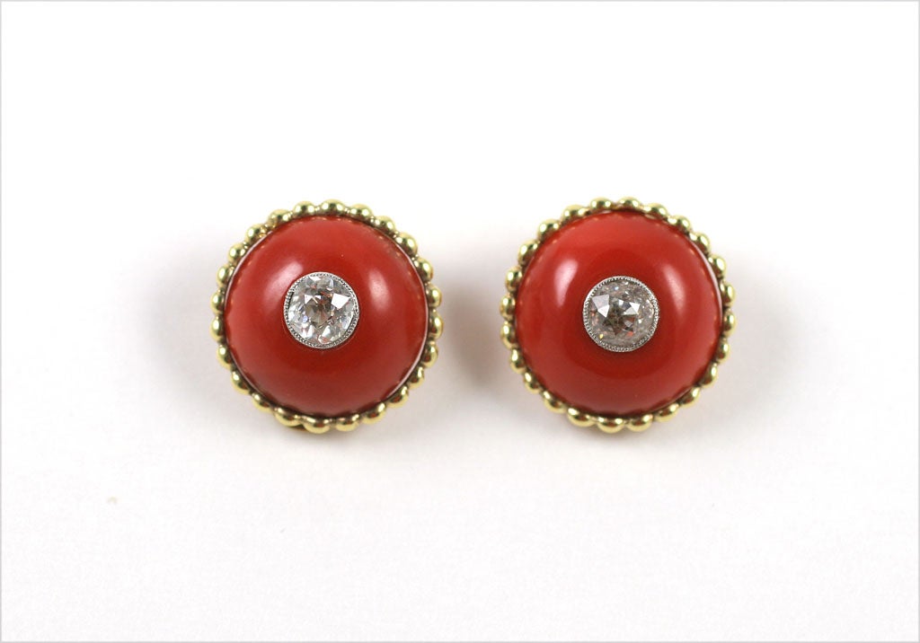 Each Coral Button set in the center with an Old-Miner and framed by an 18K Gold border