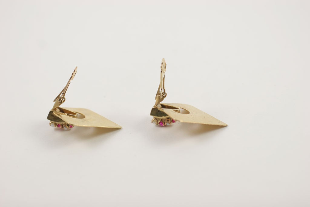 Pair of 14kt Yellow Gold Pearl & Ruby Earrings For Sale 3