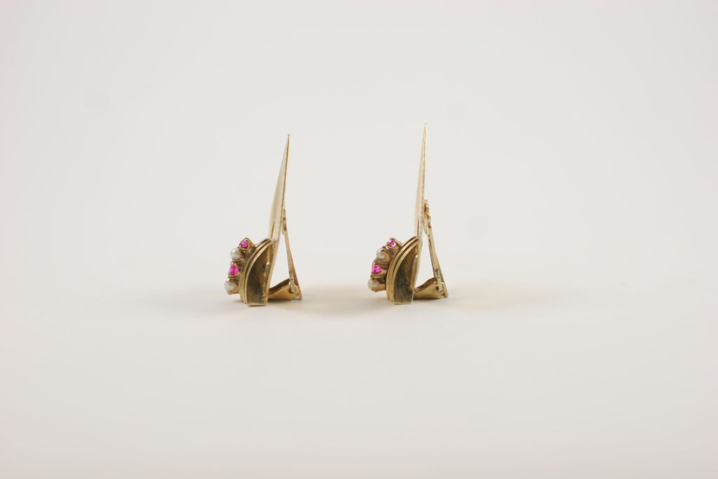 Pair of 14kt Yellow Gold Pearl & Ruby Earrings For Sale 5