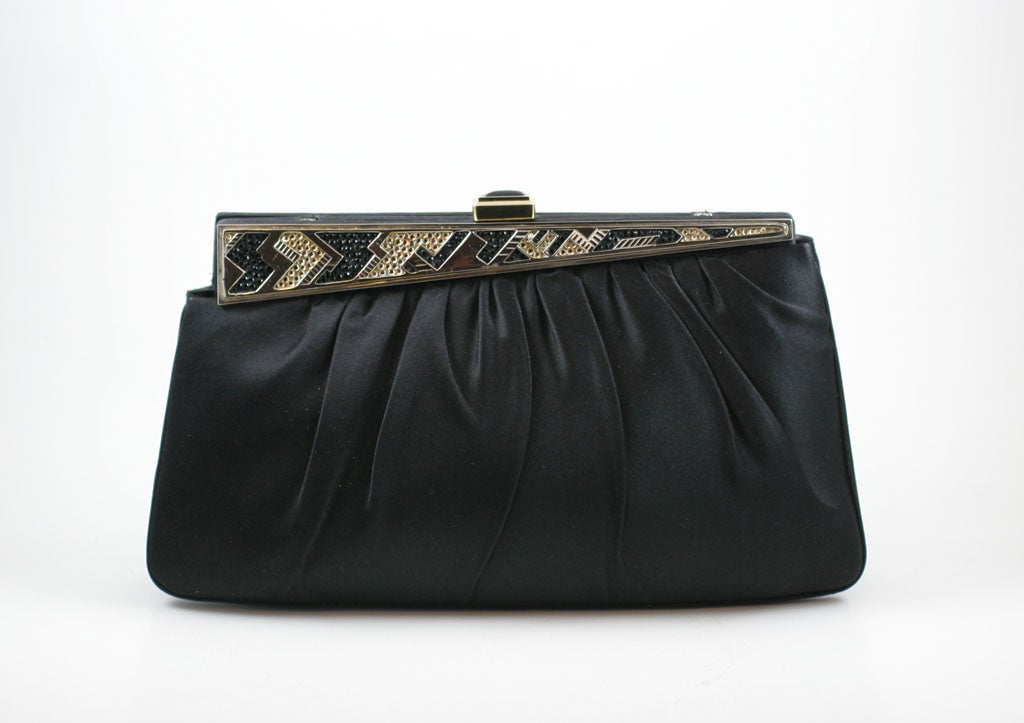 Judith Leiber Black Satin & Rhinestone Deco Style Evening Bag