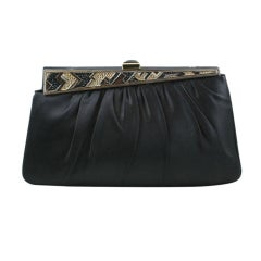 Judith Leiber Black Satin & Rhinestone Deco Style Evening Bag