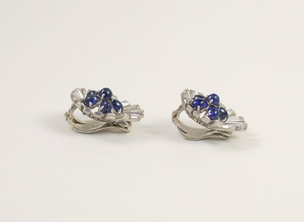 Women's Platinum Cabochon Sapphire & Baguette Diamond Earring