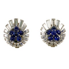 Platinum Cabochon Sapphire & Baguette Diamond Earring 1