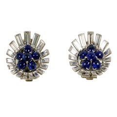 Platinum Cabochon Sapphire & Baguette Diamond Earring