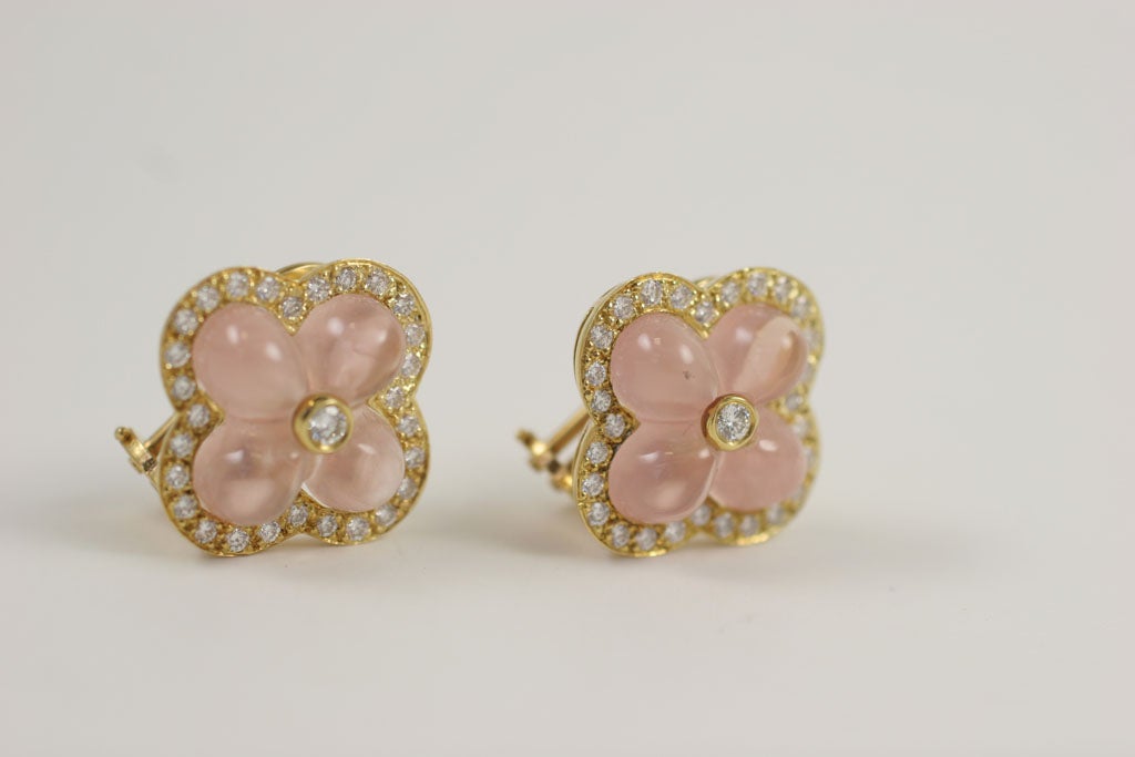 Women's 18K Yellow Gold Rose Quartz & Diamond Flower Earrings For Sale