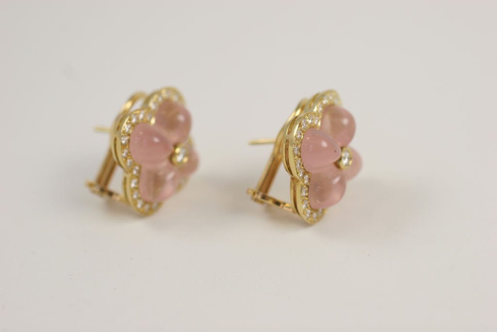 18K Yellow Gold Rose Quartz & Diamond Flower Earrings For Sale 1