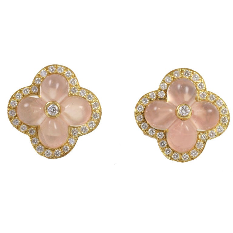 18K Yellow Gold Rose Quartz & Diamond Flower Earrings For Sale