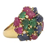 Carved Sapphire, Emerald, Ruby and Diamond Ring