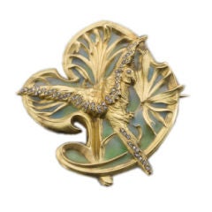 Art Nouveau Plique a Jour Gold Exotic Bird Brooch