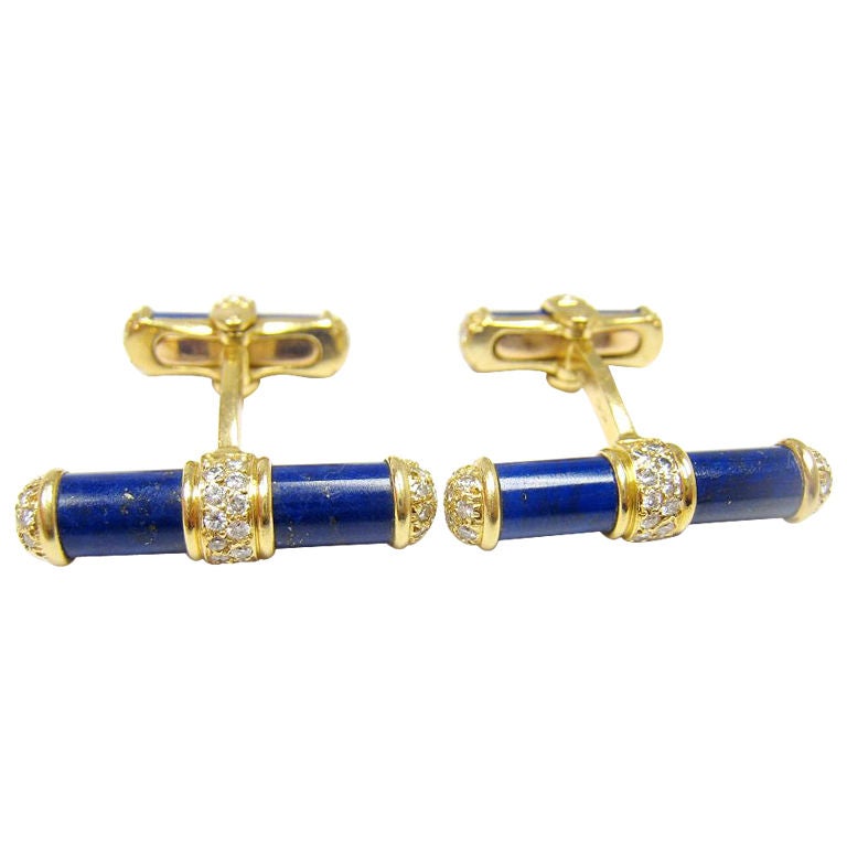 VAN CLEEF & ARPELS Diamond and Lapis Lazuli Baton Gold Cufflinks For Sale