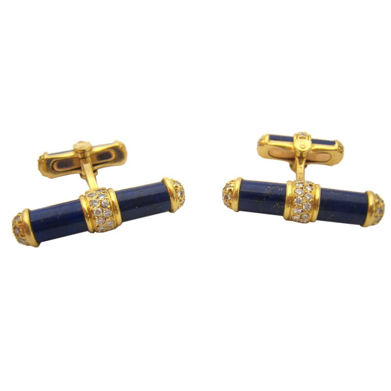 Fine Pair of 18K Yellow Gold, Diamond and Lapis Lazuli Baton Cufflinks, signed VCA for Van Cleef & Arpels and numbered  E9090