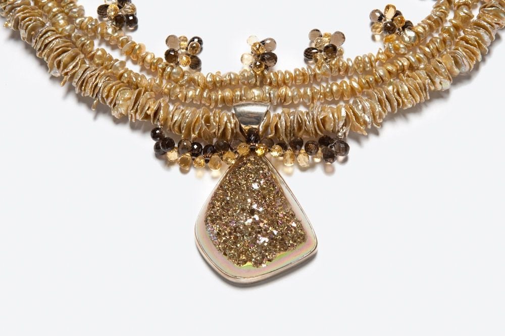 Druzy Quartz Pendant on a Necklace of Gold Fresh Water Pearls with Citrine and Smoky Quartz in Sterling Silver (19, 19 1/2 and 20 1/2 inch lengths)