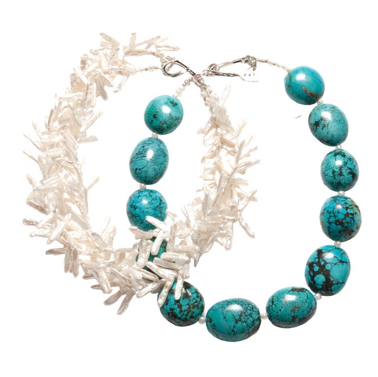 Deborah Liebman White Fresh Water Pearl Turquoise and Sterling Silver Necklace For Sale