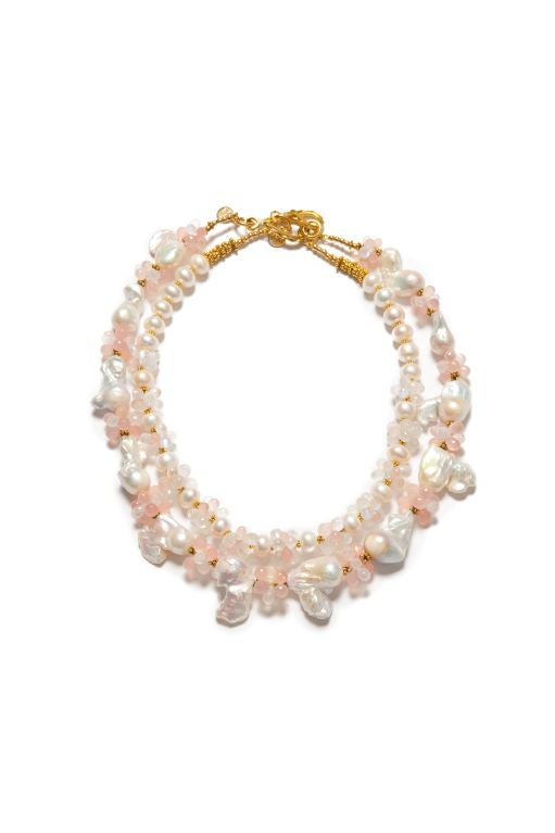 baroque ocean pearl necklace with pink chalcedony and moonstone