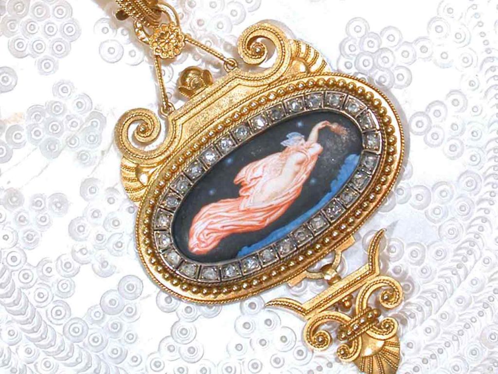 A masterpiece of French artistry, this gold and enamel pendant is the work of one of the great jewelry artists of the mid to later 19th century. Held in the highest esteem, Eugene Fontenay was to France what Castellani and Guiliano were to Italy.