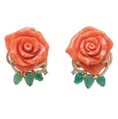 Carved Coral Blossom Rose Flower Earclips