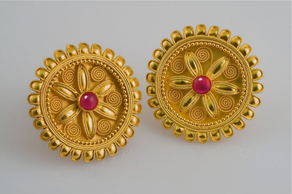 Lalaounis gold and ruby large circular earclips