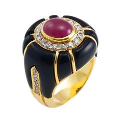 Bold Ruby Diamond Enamel Gold Ring