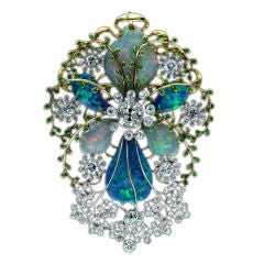 Fabulous Art Nouveau Opal Garnet Diamond Gold Platinum Pin