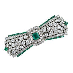 Fine French Art Deco Diamond and Emerald Bow Brooch