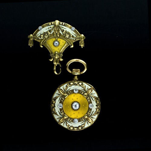 Women's Art Nouveau Enamel and Diamond Lapel Watch For Sale