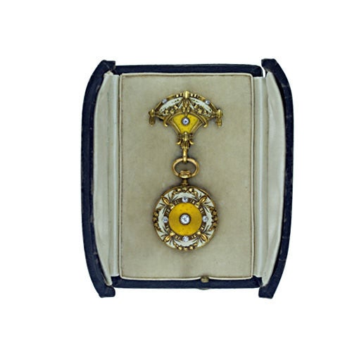Art Nouveau Enamel and Diamond Lapel Watch For Sale 4