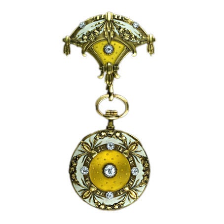 Art Nouveau Enamel and Diamond Lapel Watch For Sale
